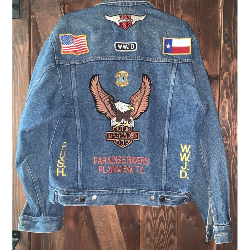 VTG 90s Wrangler Hero Denim Jacket Blue‎ 15101 Small Harley Davidson CMA Patches